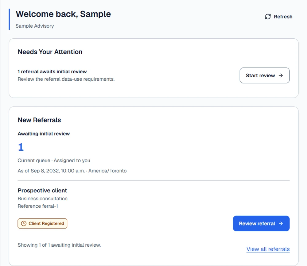 SmartVest Advisor overview showing assigned referrals awaiting initial review.