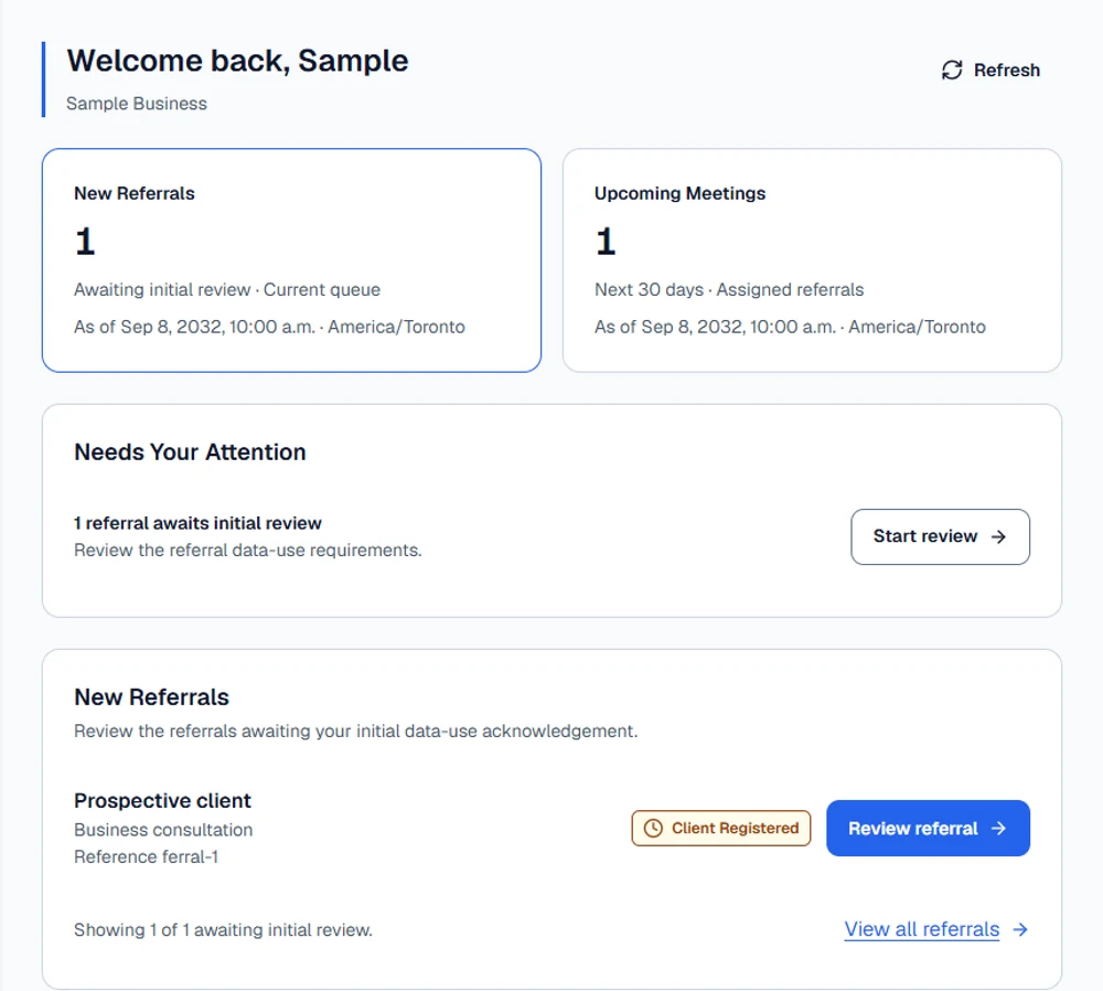 SmartVest Business dashboard showing new referrals and upcoming meetings.