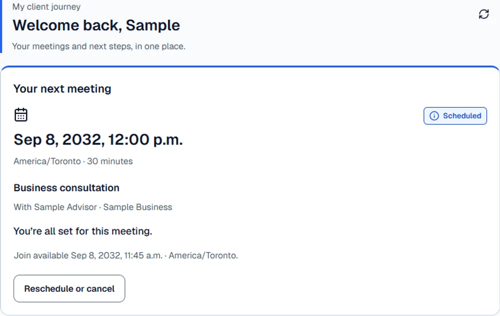 SmartVest Client home showing the next meeting and professional.