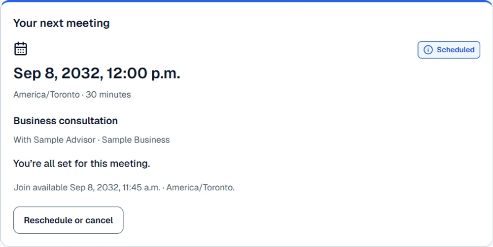 SmartVest meeting details with the scheduled time, timezone and confirmation status.