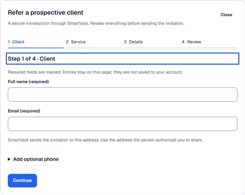 SmartVest guided referral form showing the Client, Service, Details and Review steps.