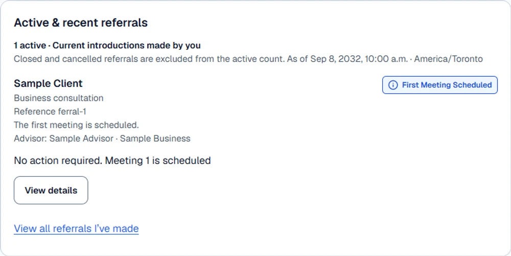 SmartVest Referrer referral list showing an introduction, its status and the next action.